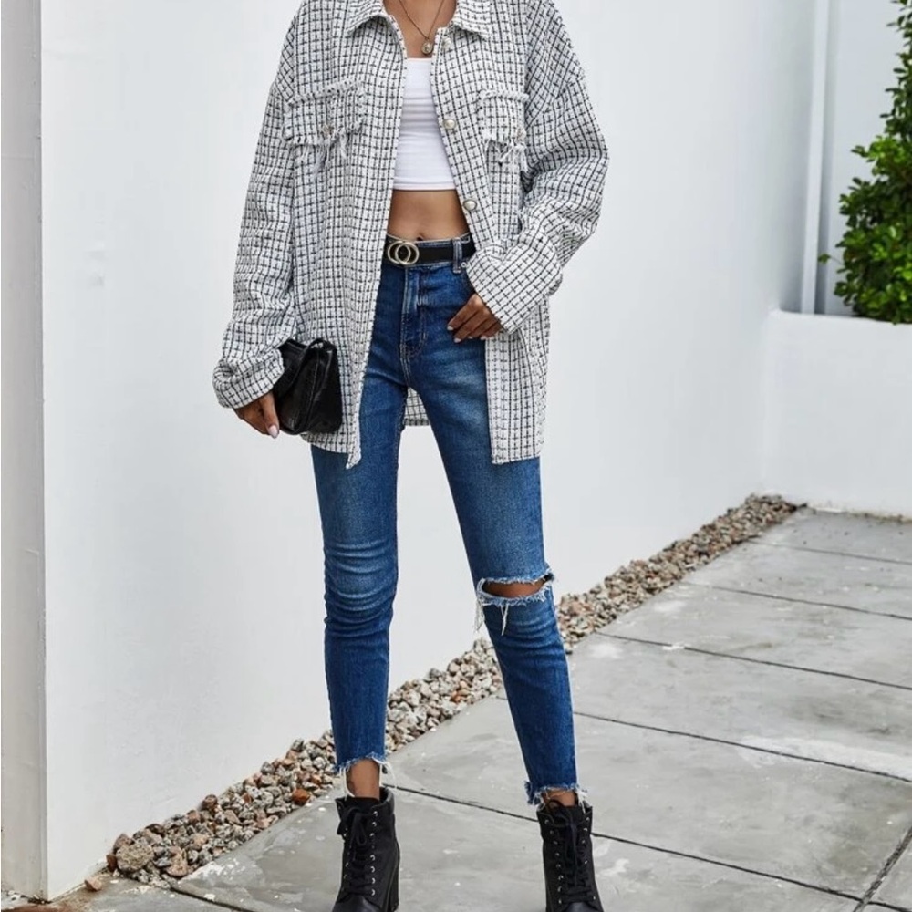 Stylish Black and White Plaid Jacket